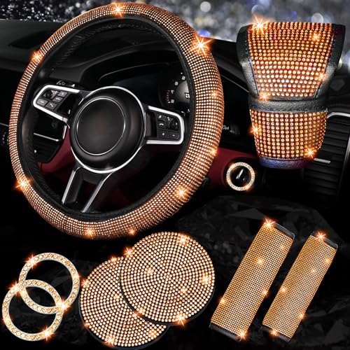 NBTEPEM 8 pcs Orange Bling Car Accessories Set for Women, Steering Wheel Cover, Sparkly Seat Belt Covers, Bling Gear Shift Cover, Universal Fit Most Cars (Orange Diamond) - color: Orange Diamond, size: Steering Wheel Cover Set