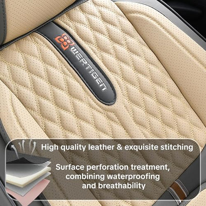 Khaki Car Seat Cover Complete Set, Universal Car Seat Cover for Car with Lumbar Support, Premium Artificial Leather, Waterproof and Easy to Clean, Airbag Compatible, Seat Heating Compatible - color: Khaki