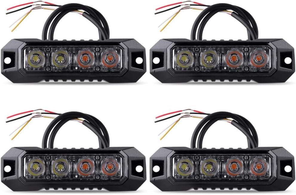 4PCS LED Emergency Strobe Lights 4 LED Amber White Surface Mount Flashing Lights Emergency Strobe Grille Beacon Hazard Warning Lights for Trucks Car Vehicles Trailer ATV RV SUV Tow 12V-24V - color: Amber/White
