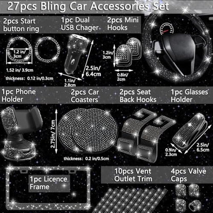 NBTEPEM 27 PCs Black Bling Car Accessories Set for Women, Steering Wheel Covers Universal Fit 15 Inch, Bling License Plate Frame, Bling Phone Holder, Bling Car Coasters (Black Diamond) - color: Black Diamond