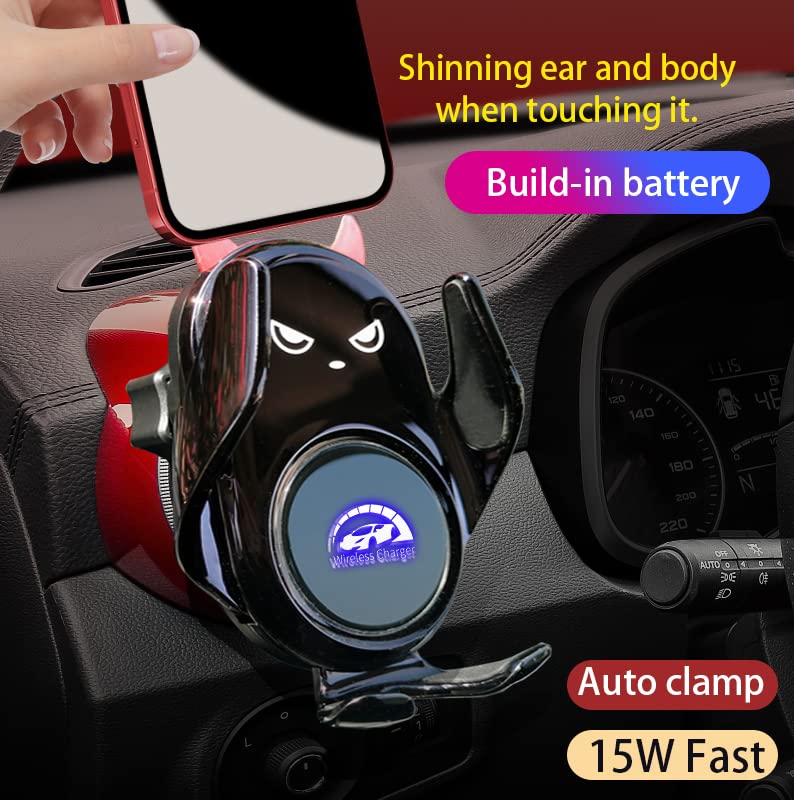 Car Phone Holder Mount Wireless Charging Auto Clamping with Rotatable Vent Clip Cute Demon for iPhone Samsung Galaxy Andriod Phone - style: Dark demond