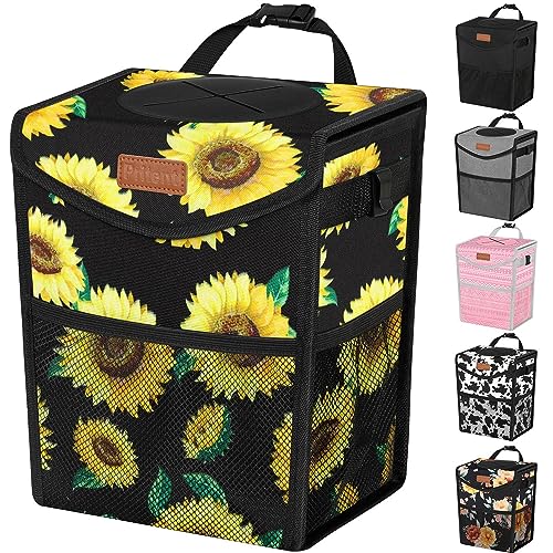 Pritent Car Trash Can with Lid, Cute Leakproof Car Trash Garbage Bag Hanging Vehicle Trash Bin Small Portable Automotive Garbage Cans Organizer for Back/Front Seat/Console(Trapezoid,Sunflower) - color: Sunflower, size: 2 Gallons