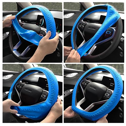 Universal Blue Steering Wheel Cover：13.5 to 15 Inches Stretchable Silicone Anti Skid Steering Wheel Protector Fit for Most Car Models Including Round D Shape or Special Shape - color: Blue