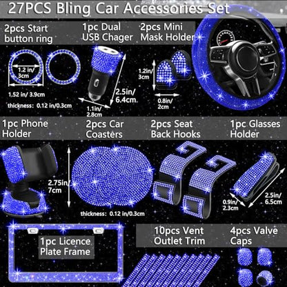 NBTEPEM 27 PCs Blue Bling Car Accessories Set for Women, Steering Wheel Covers Universal Fit 15 Inch, Bling License Plate Frame, Bling Phone Holder, Bling Car Coasters (Blue Diamond) - color: Blue Diamond