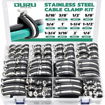 OURU 125PCS Cable Clamp,12 Sizes Stainless Steel Rubber Coated Cushioned Insulated Cable Clamps Assortment Kit-Metal Wire Clamps,Cable Clips,Pipe Clamps - size: 125 PCS - 12 Sizes