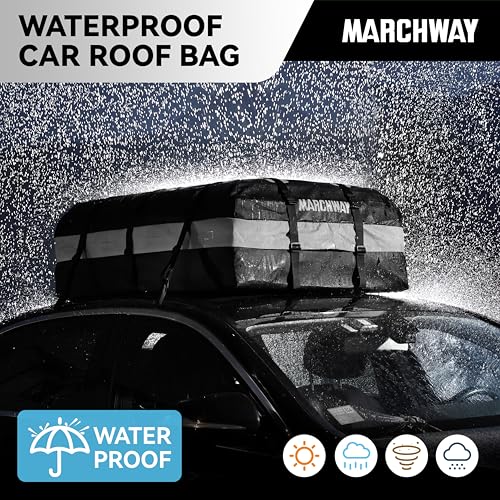 MARCHWAY Waterproof Car Roof Luggage Bag, Weatherproof Soft Shell Rooftop Cargo Carrier Bag for Vehicles with or Without Rack. 6 Door Hooks, Anti Slip Mat, Lock Included (15 Cubic Feet, Black) - size: 15 Cubic Feet, Black