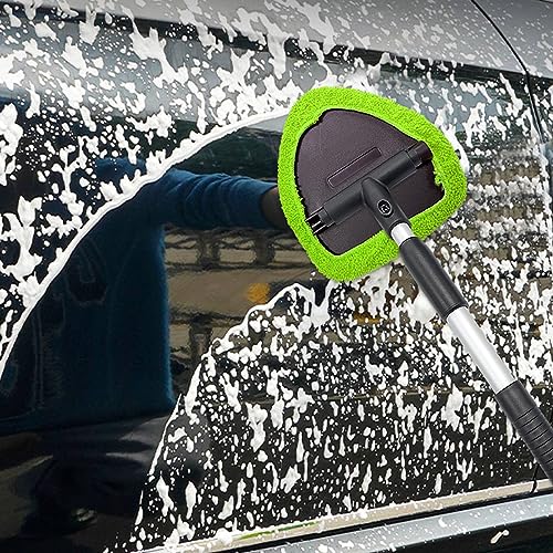 Ziciner Car Windshield Cleaner, Microfiber Auto Cleaning Wiper with Aluminum Extendable Handle and 2 Washable Reusable Cloth Pad Head, Universal Vehicle Interior Exterior Cleaner Kit (Green-Triangle) - size: Green-triangle
