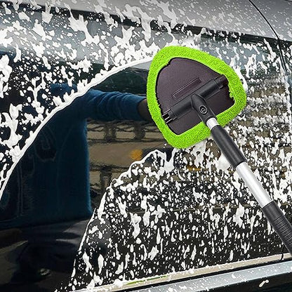 Ziciner Car Windshield Cleaner, Microfiber Auto Cleaning Wiper with Aluminum Extendable Handle and 2 Washable Reusable Cloth Pad Head, Universal Vehicle Interior Exterior Cleaner Kit (Green-Triangle) - size: Green-triangle