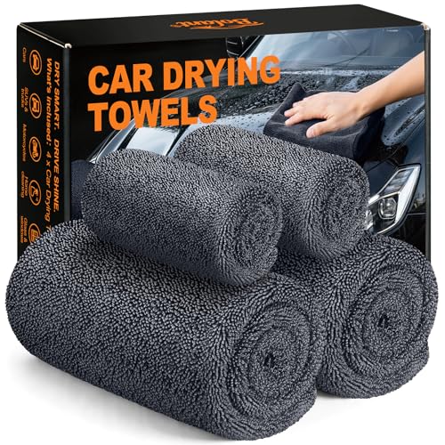 Bolant 4 Pack Twisted Loop Car Drying Towel, Microfiber Towels for Cars 24"x36", Ultra Absorbent, Lint Reducing, Paint Safe, Streak-Reducing Car Detailing, Auto Wash Towels