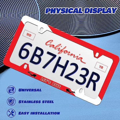 Let‘s Dive License Plate Frame Dive Flag License Plate Frames Personalise Stainless Steel Funny Design Compatible with Standard License Plate Holder for USA and Canada 6 X 12 with Screws - color: Let‘s Dive