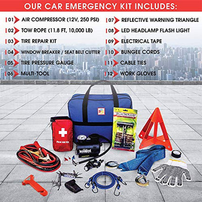 Car Emergency Kit with Air Compressor, Jumper Cables, First Aid, Tow Strap, Tire Gauge, Headlamp – Roadside Safety Kit for Women, Men, Teens - color: Blue