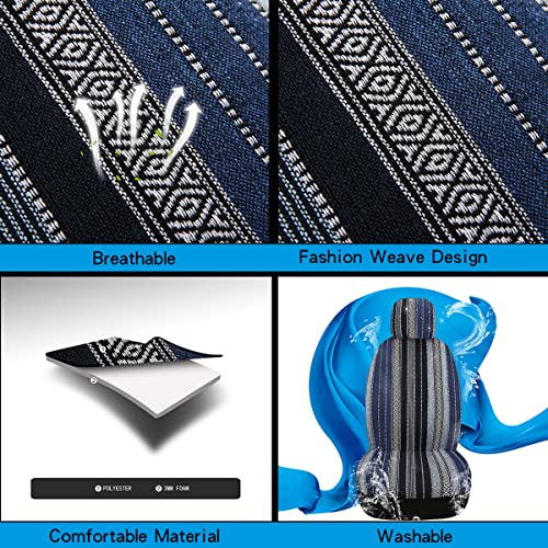 Baja Saddle Blanket Car Seat Covers 9PCS Full Set, Breathable and Washable Striped Woven Automotive Vehicle Seat Cover, Universal Seat Cover for Sedan, SUV, Truck, Airbag Compatible - color: Blue Baja, size: Full Set