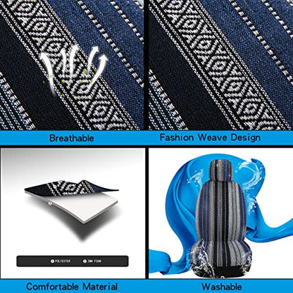 Baja Saddle Blanket Car Seat Covers 9PCS Full Set, Breathable and Washable Striped Woven Automotive Vehicle Seat Cover, Universal Seat Cover for Sedan, SUV, Truck, Airbag Compatible - color: Blue Baja, size: Full Set