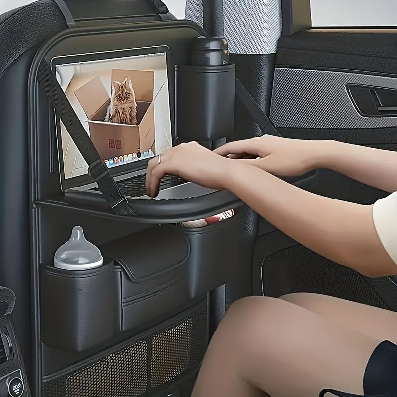 Car Backseat Organizer with Foldable Table Tray - Universal Auto Seat Back Organizer with Tablet Holder, Kick Mats Protector, Storage Pockets for SUV Sedan