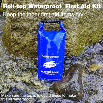 Boat First Aid Kit Waterproof, WELL-STRONG Marine Emergency Kit with Roll Top Dry Bag for Boating Fishing Kayaking – Water-Resistant Contents for Camping & Beach（Blue） - color: Ws011-blue