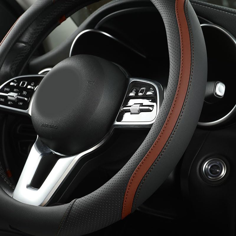 Car Steering Wheel Cover, Leather Steering Wheel Cover Brown Universal 14.5-15 Inch Microfiber Leather Anti-Slip Breathable Auto Steering Wheel Covers for Men Women (Black&Brown) - color: Brown