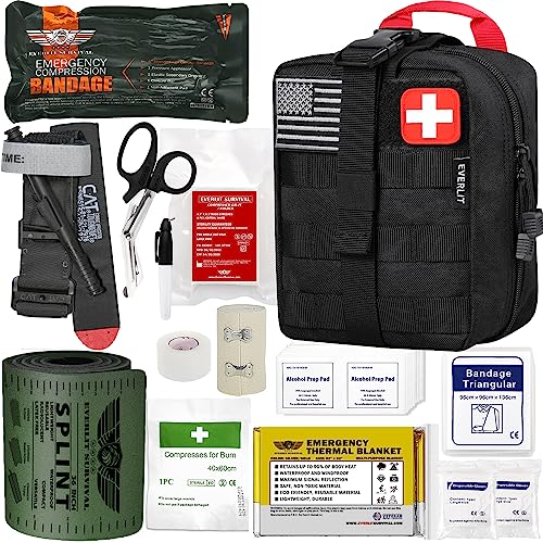 EVERLIT Emergency Trauma Kit, CAT GEN-7 Tourniquet 36" Splint, Military Combat Tactical IFAK for First Aid Response, Critical Wounds, Severe Bleeding Control (Black) - color: Black