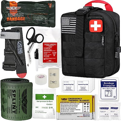 EVERLIT Emergency Trauma Kit, CAT GEN-7 Tourniquet 36" Splint, Military Combat Tactical IFAK for First Aid Response, Critical Wounds, Severe Bleeding Control (Black) - color: Black