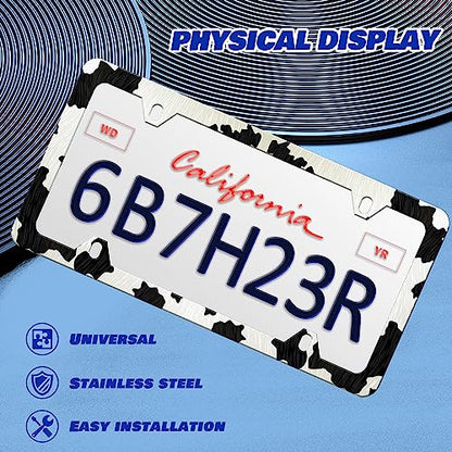 Cow Print License Plate Frame Animal License Plate Frames Personalise Stainless Steel Funny Design Compatible with Standard License Plate Holder for USA and Canada 6 X 12 with Screws - color: Cow Print