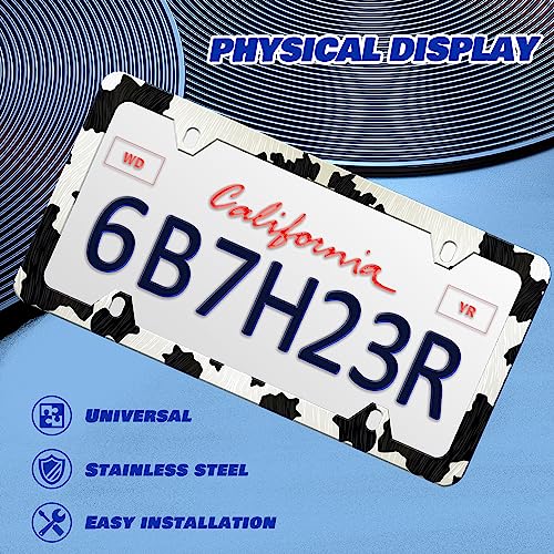 Cow Print License Plate Frame Animal License Plate Frames Personalise Stainless Steel Funny Design Compatible with Standard License Plate Holder for USA and Canada 6 X 12 with Screws - color: Cow Print