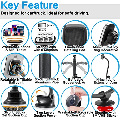 1Zero Magnetic Phone Car Mount 14-Inch Gooseneck Long Arm Extension, Universal Windshield Dashboard Industrial-Strength Suction Cup Car Phone Holder for All Cell Phones (Magnetic Phone Mount) - color: Magnetic Phone Mount