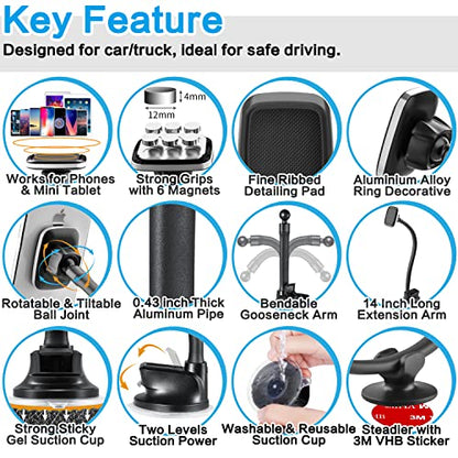 1Zero Magnetic Phone Car Mount 14-Inch Gooseneck Long Arm Extension, Universal Windshield Dashboard Industrial-Strength Suction Cup Car Phone Holder for All Cell Phones (Magnetic Phone Mount) - color: Magnetic Phone Mount