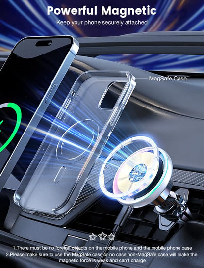 MOKPR for Magsafe Car Mount Charger-15W Wireless Car Charger-Magnetic Car Phone Holder for Dash Air Vent-LED RGB HandsFree Car Mount Fast Car Charger for iPhone 15/14/13/12 Series Silver - color: Silver