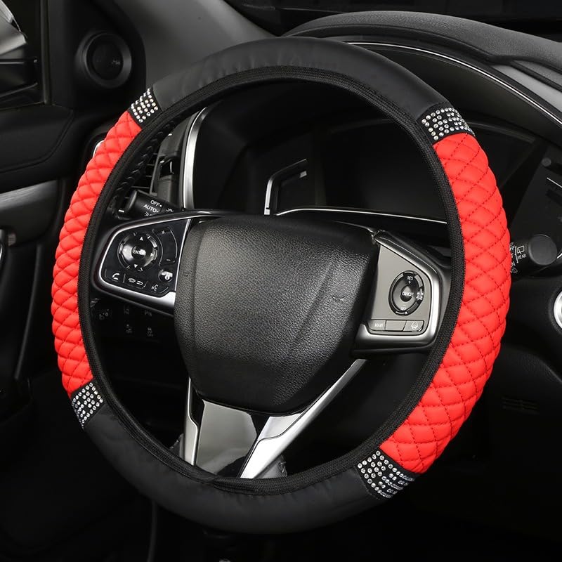 PU Leather Elasticity Car Steering Wheel Cover Anti-Slip Adjustable Steering Wheel Protective Sleeve, red - color: Red