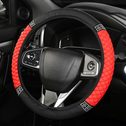 PU Leather Elasticity Car Steering Wheel Cover Anti-Slip Adjustable Steering Wheel Protective Sleeve, red - color: Red