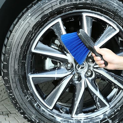 TAKAVU Wheel Tire Brush - Stiff Bristle with Short Handle, Included Detailing Brush - Car Cleaning Kit for Rims, Tires, Interior Vents, Emblems - Scratch Safe (Blue) - color: Blue