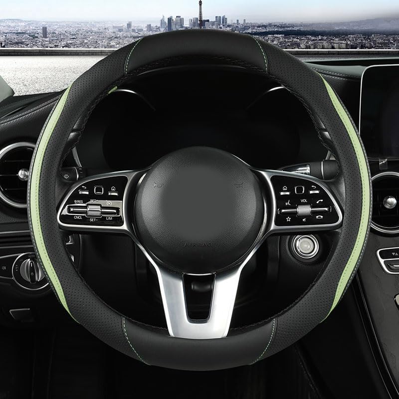 Car Steering Wheel Cover, Leather Steering Wheel Cover Green Universal 14.5-15 Inch Microfiber Leather Anti-Slip Breathable Auto Steering Wheel Covers for Men Women (Black&Green) - color: Green