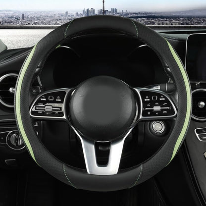 Car Steering Wheel Cover, Leather Steering Wheel Cover Green Universal 14.5-15 Inch Microfiber Leather Anti-Slip Breathable Auto Steering Wheel Covers for Men Women (Black&Green) - color: Green