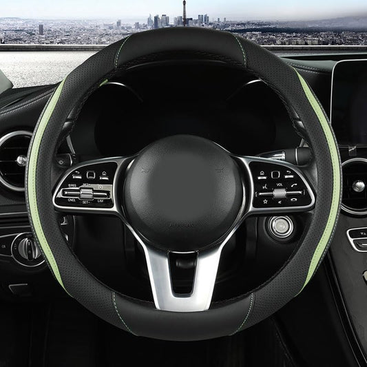 Car Steering Wheel Cover, Leather Steering Wheel Cover Green Universal 14.5-15 Inch Microfiber Leather Anti-Slip Breathable Auto Steering Wheel Covers for Men Women (Black&Green) - color: Green