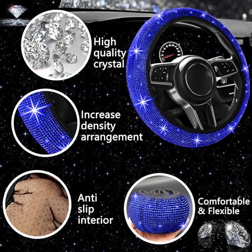 NBTEPEM 27 PCs Blue Bling Car Accessories Set for Women, Steering Wheel Covers Universal Fit 15 Inch, Bling License Plate Frame, Bling Phone Holder, Bling Car Coasters (Blue Diamond) - color: Blue Diamond