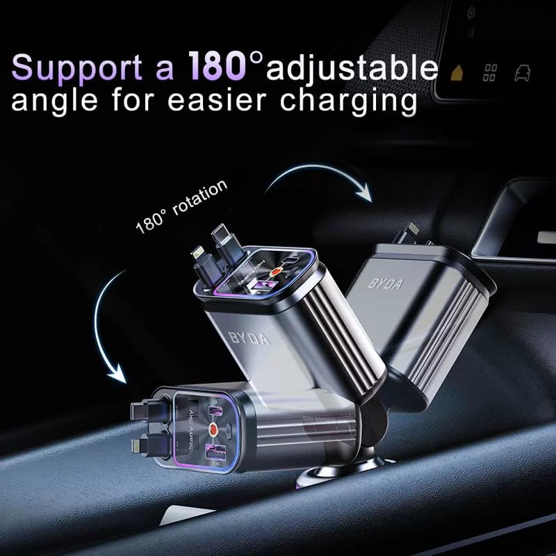 4 in 1 Retractable Car Charger with Starry Light,69W USB-C Fast Car Charger, for iPhone 17/16/15/14/13/12/11, Android,Pixel,Cigarette Lighter Charger (for Lightning+USB-C) - size: for Lightning+USB-C