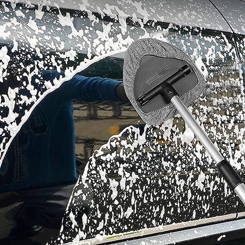 Ziciner Car Windshield Cleaner, Microfiber Auto Cleaning Wiper with Aluminum Extendable Handle and 2 Washable Reusable Cloth Pad Head, Universal Vehicle Interior Exterior Cleaner Kit (Gray-Triangle) - size: Gray-Triangle