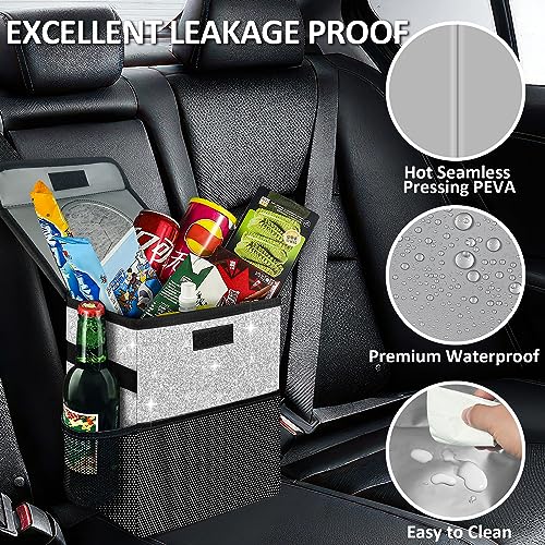 Cute Mini Car Trash Bag with Lid, Glitter Garbage Can Bin Hanging for Back/Front Seat/Console, Waterproof, Leakproof, 2.5 Gallon, Silver Bling Sparkly - color: Silver Bling Sparkly