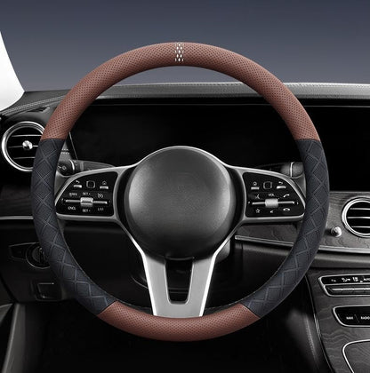 Ultra-Thin Napa Leather Steering Wheel Cover with 3D Anti-Slip Diamond Grip, Breathable Non-Bulky Design, Universal Fit 15 Inch for Cars & SUVs - color: coffee&black