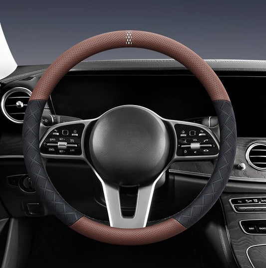 Ultra-Thin Napa Leather Steering Wheel Cover with 3D Anti-Slip Diamond Grip, Breathable Non-Bulky Design, Universal Fit 15 Inch for Cars & SUVs - color: coffee&black
