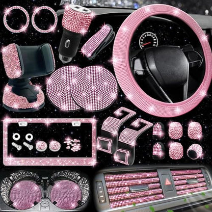 NBTEPEM 27-Piece Bling Car Accessories Set - Universal Fit Steering Wheel Covers, License Plate Frames, Phone Holder, Car Fast Charger, Coasters (Pink) - color: Pink Diamond