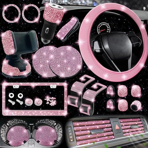 NBTEPEM 27-Piece Bling Car Accessories Set - Universal Fit Steering Wheel Covers, License Plate Frames, Phone Holder, Car Fast Charger, Coasters (Pink) - color: Pink Diamond