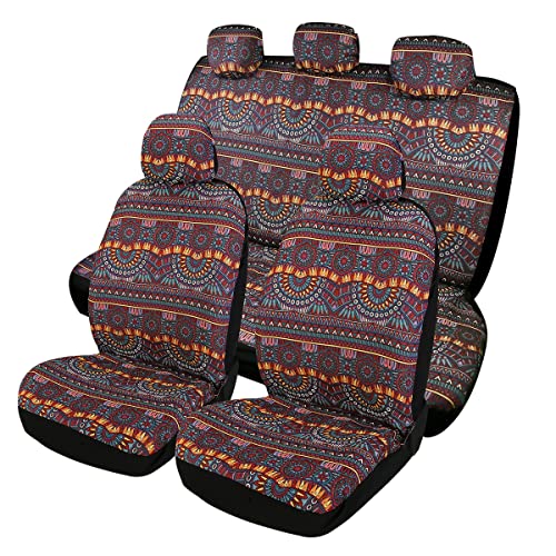 Baja Saddle Blanket Car Seat Covers 9PCS Full Set, Breathable and Washable Striped Woven Automotive Vehicle Seat Cover, Universal Boho Seat Cover for Sedan, SUV, Truck, Airbag Compatible - color: Red Baja, size: Full Set