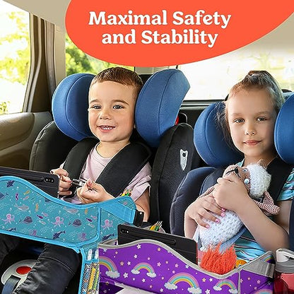 PILLANI Kids Travel Tray for Car - Car Seat Tray for Kids w/ Tablet & Cup Holder - Toddler Travel Activities for Car & Airplane - Road Trip Essentials & Must Haves - Carseat Table Roadtrip Activities - color: Rainbow