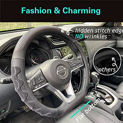 PINCTROT D Shaped 14 Inch Small Sized Steering Wheel Cover Great Grip with 3D Honeycomb Anti-Slip Design, Flat Bottom 14 Inch (Black/Red Stitch) - color: 8.D-shaped,Black (Red Trim), size: Small Size[14''-14 1/4'']