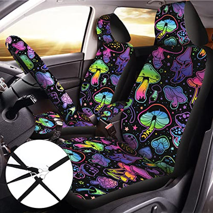 Riakrum 17 Pcs Mushroom Car Seat Covers Mushroom Car Accessories Full Set for Women Men Automotive Rear Front Seat Protector View Mirror Hanging Ornament Steer Wheel Belt Cover(Cool Mushroom) - style: Cool Mushroom