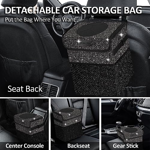 Cute Mini Car Trash Bag with Lid, Glitter Garbage Can Bin Hanging for Back/Front Seat/Console, Waterproof, Leakproof, 2.5 Gallon, Black Bling Sparkly - color: Black Bling Sparkly