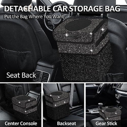 Cute Mini Car Trash Bag with Lid, Glitter Garbage Can Bin Hanging for Back/Front Seat/Console, Waterproof, Leakproof, 2.5 Gallon, Black Bling Sparkly - color: Black Bling Sparkly