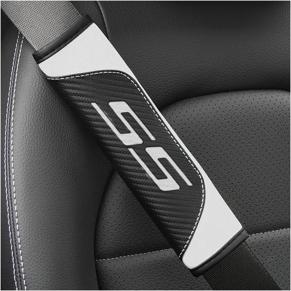 2Pcs Carbon Fiber Leather Seat Belt Cushions Shoulder Pad Soft for Chevy Malibu Impala Camaro SS Accessories,Car Seat Belt Pads Safety Belt Cover Pad (White SS) - color: White SS
