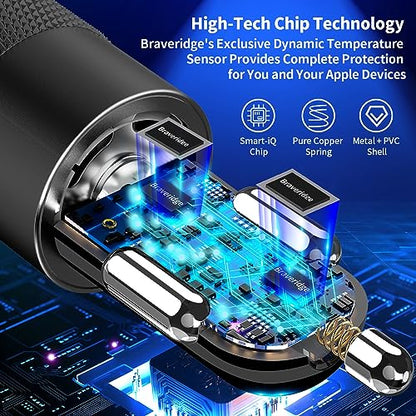 [Apple MFi Certified] iPhone Car Charger Fast Charging, Braveridge 4.8A USB Power Cigarette Lighter Car Carplay Charger Adapter with 6FT Coiled Lightning Cable for iPhone 14 13 12 11 XS XR X 8 SE iPad - size: 6FT