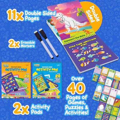 Travel Reusable Activity Books- 2 Pack - Travel Games for Kids, Roads Trip Car Games & Activities Must Haves Essentials, Airplane Activities for Kids, Includes 20+ Learning Games in Each Book